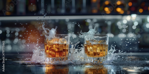 Whiskey im Glas spritzt mit Lichter Bokeh im Hintergrund als Poster, ai generativ
