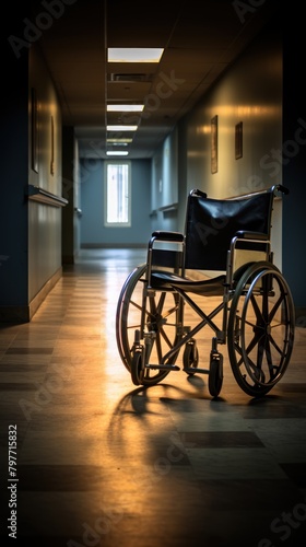 Empty wheelchair in hospital corridor. Health care concept. Disability concept with copy space.