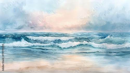 A serene watercolor seascape with gentle waves and soft pastel hues, evoking a sense of calm and relaxation