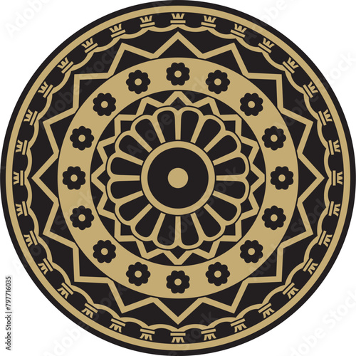 Vector golden and black round ancient persian ornament. National Iranian circle of ancient civilization. Baghda