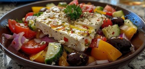 Crisp and refreshing Greek salad with feta cheese and olives.