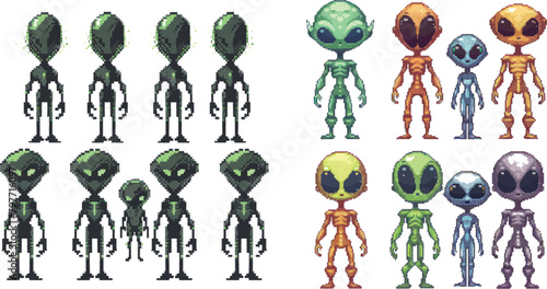Pixel alien. computer pixel space or cosmic alien set