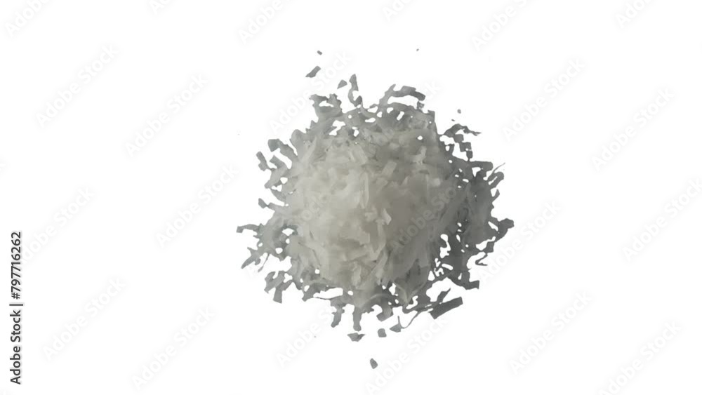 Shredded coconut flakes on pure white background. Isolated view of coconut flesh rotating. Shredded coconut flakes on pure white background. Isolated view of coconut flesh rotating.