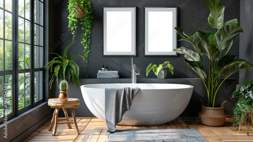 Modern bathroom with a white bathtub, green plants, wooden stool, and empty framed posters on a dark wall, Generative AI.