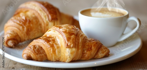 Flaky croissant served with a steaming cup of espresso.