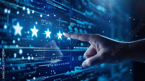 Hand pointing to a five-star digital rating on a virtual interface.