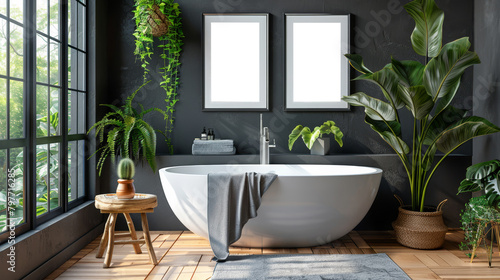 Modern bathroom with a white bathtub, green plants, wooden stool, and empty framed posters on a dark wall, Generative AI.