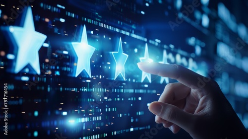 Hand pointing to a five-star digital rating on a virtual interface.