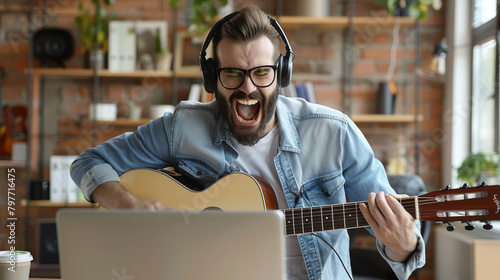 Happy businessman wearing headphones relaxing  enjoying good quality sound. Happy young Caucasian office.