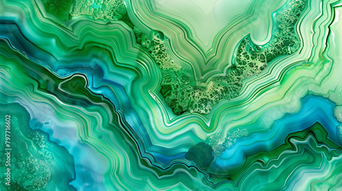 Luxurious Agate Ripples in Tropical Green and Blue Alcohol Ink Art, Ultra High Definition.