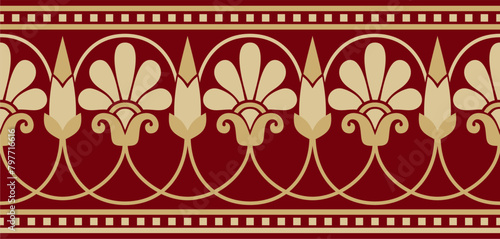 Vector gold and red seamless classical Greek meander ornament. Pattern of ancient Greece. Border, frame of the Roman Empire