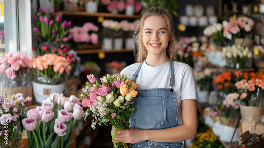 A smiling woman holding a bouquet in a flower shop, surrounded by various blooms, portraying a florist concept. Generative AI