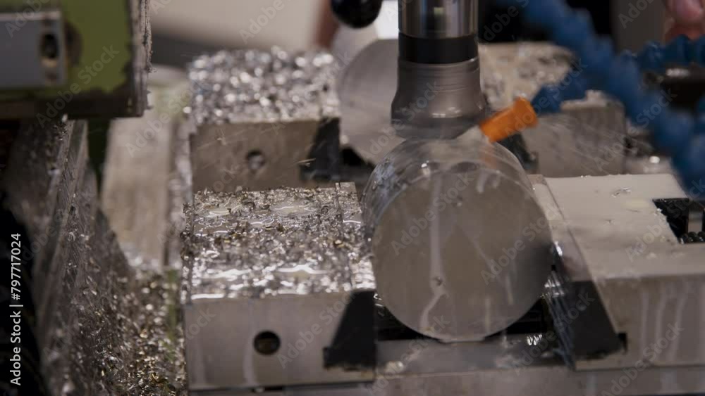 A close up of a spinning CNC machine cutting a wet cilinder of aluminium A close up of a spinning CNC machine cutting a wet cilinder of aluminium
