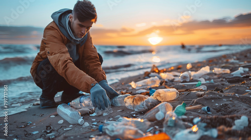 A volunteer collecting plastic bottles on a littered beach during sunset, depicting an eco disaster and efforts to clean the ocean. Generative AI photo