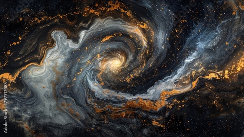 A swirling vortex of white and gold paint, reminiscent of Van Gogh's Starry Night, against a deep, inky black background photo