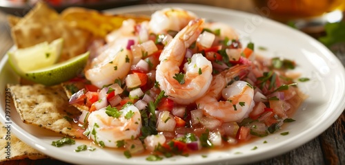 Zesty shrimp ceviche marinated in citrus juices and served with chips.