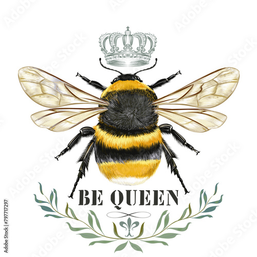 Apparel vector fashion print with realistic bumblebee be queen
