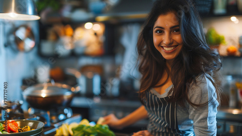 South Asian food blogger and content creator dietary advisor smiling woman recording a cooking video for her online video channel