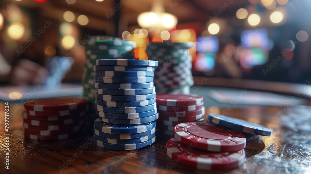 Poker game, poker chips on table, leisure activity competition no people activity addiction Poker game, poker chips on table, leisure activity competition no people activity addiction