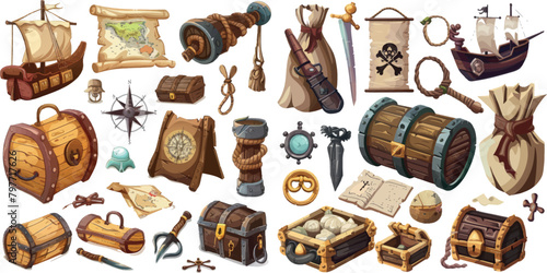 Pirate adventure objects. Pirates cartoon accessories, ship equipment for game adventurer, treasure chest map