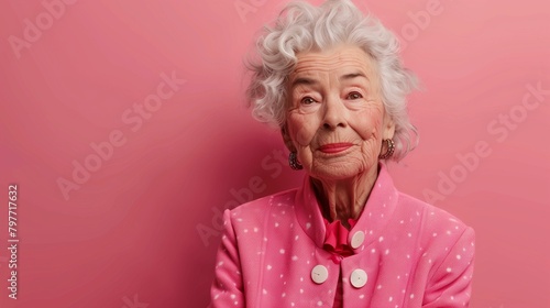 Old woman influencer culture concept, older woman with pink background, happiness retirement beauty lifestyle aging process