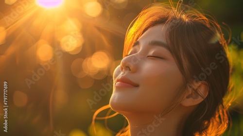 An Asian woman basking in the warm glow of sunlight, her skin glowing with a healthy radiance and her hair gently flowing in the breeze