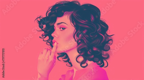  a Woman with a finger on her lips asking for silence on pink background photo