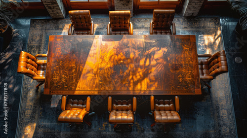 A luxurious conference room with a large wooden table and leather chairs, illuminated by warm light, Generative AI