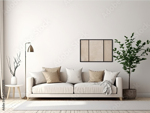 Interior living room with sofa and decorations. Scandinavian design. Generative AI. © srijaroen