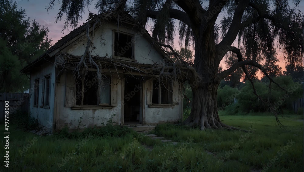 A sinister old willow tree with dangling, vine-like branches near an abandoned house at twilight ai_generated A sinister old willow tree with dangling, vine-like branches near an abandoned house at twilight ai_generated