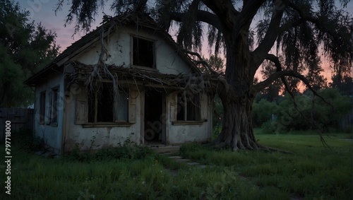 A sinister old willow tree with dangling, vine-like branches near an abandoned house at twilight ai_generated