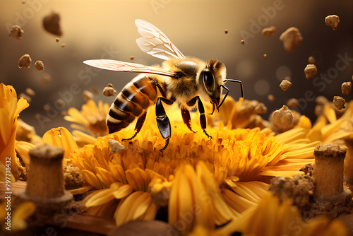 The honey bee as a pollinator of flowers and plants. Concept: World Bee Day, May 20. photo
