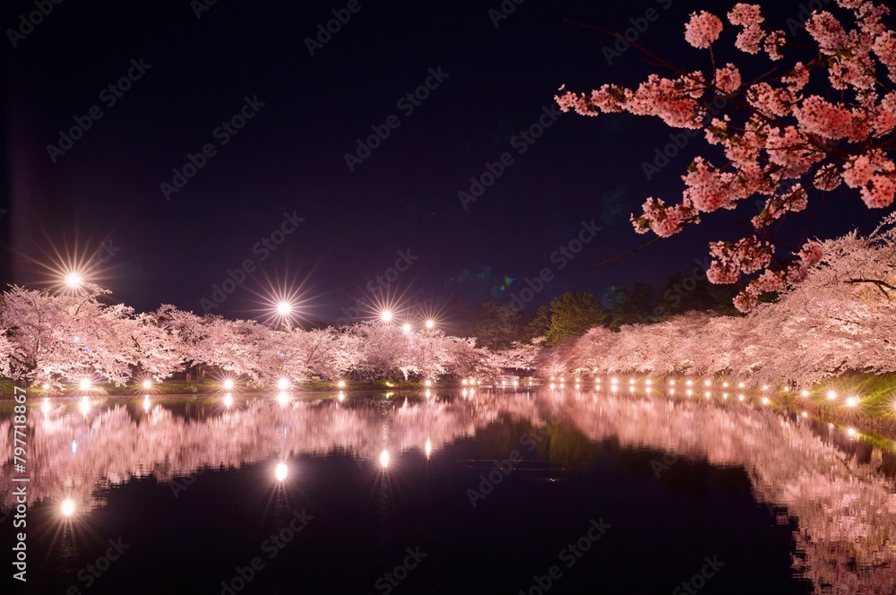 カラフルなライトに照らされる夜の弘前の桜