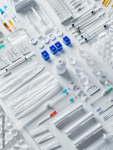 A series of Covid-19 test kits and medical supplies ontable