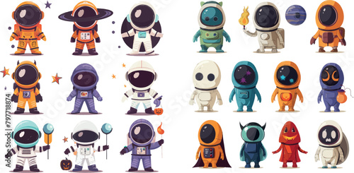 Among us halloweens characters. Game set astronauts by role in festive halloween hats