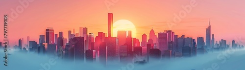 Minimalist cityscape with abstract skyscrapers and soft sunset, modern and sleek, vector illustration, pastel skyline colors, no detailed windows photo