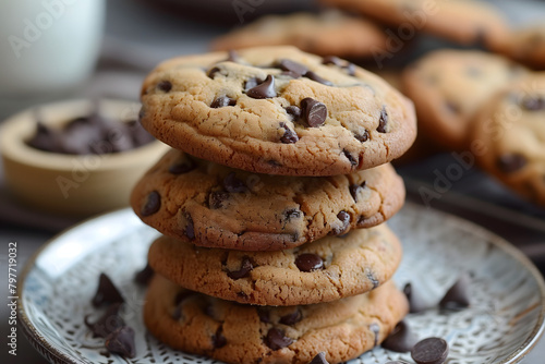 Freshly baked chocolate chip cookies stacked on top of each other on a plate