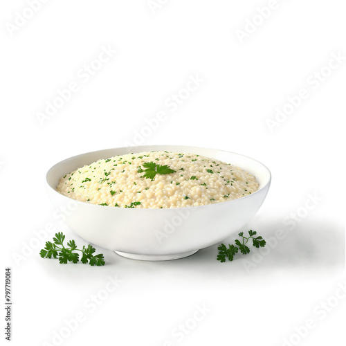 Creamy risotto parmesan cheese butter parsley served in a shallow bowl Culinary and Food concept