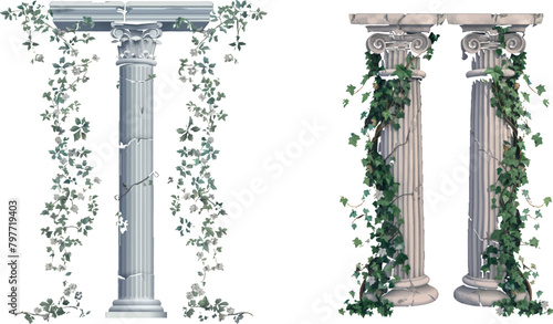 Ivy columns. Marble pillars or ancient stone column with floral vines