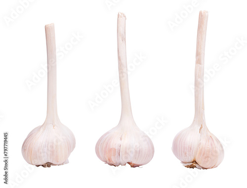 Three garlic bulbs, white background, isolated, transparent PNG