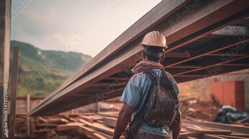 Builder carries a steel beam on his shoulder Generative AI