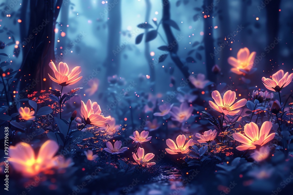 Obraz premium Enchanted forest with glowing flowers, mystical atmosphere, vibrant, digital illustration, emphasize magical elements, avoid wildlife