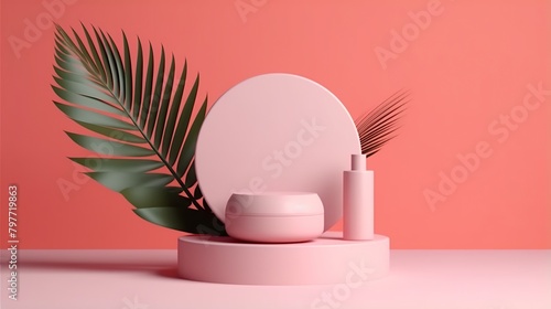 Pink or coral podium with palm leaves and cosmetics mockup © KRIS