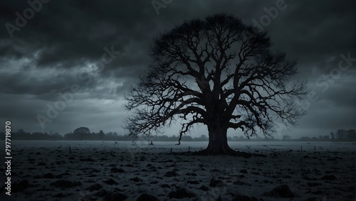 A menacing tree with bark as black as night  standing alone in a frost-covered field under a bleak sky ai_generated