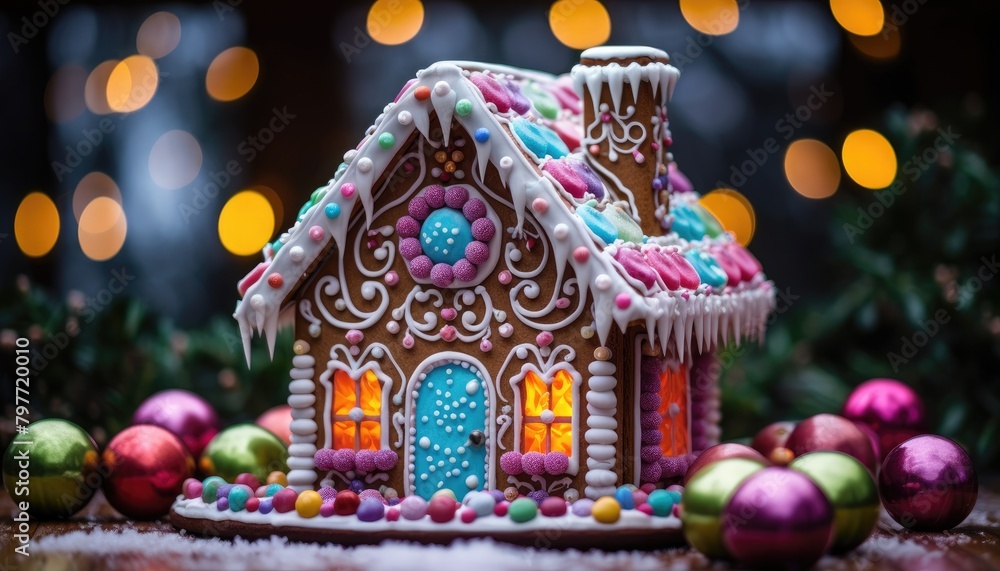 Close-up view of a festive gingerbread house sitting on a table, decorated with colorful candies and icing