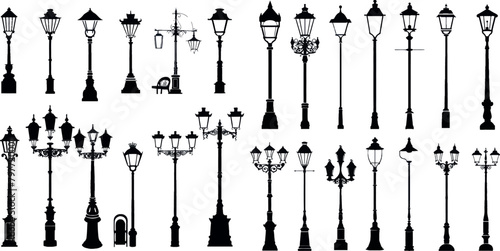 Vintage streetlights black silhouettes set