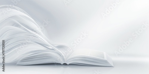 Open book with fluttering pages on a soft white abstract background