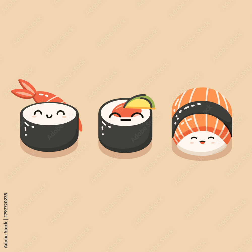 Sushi rolls in cartoon style. Japanese food. Vector illustration. Sushi rolls in cartoon style. Japanese food. Vector illustration.
