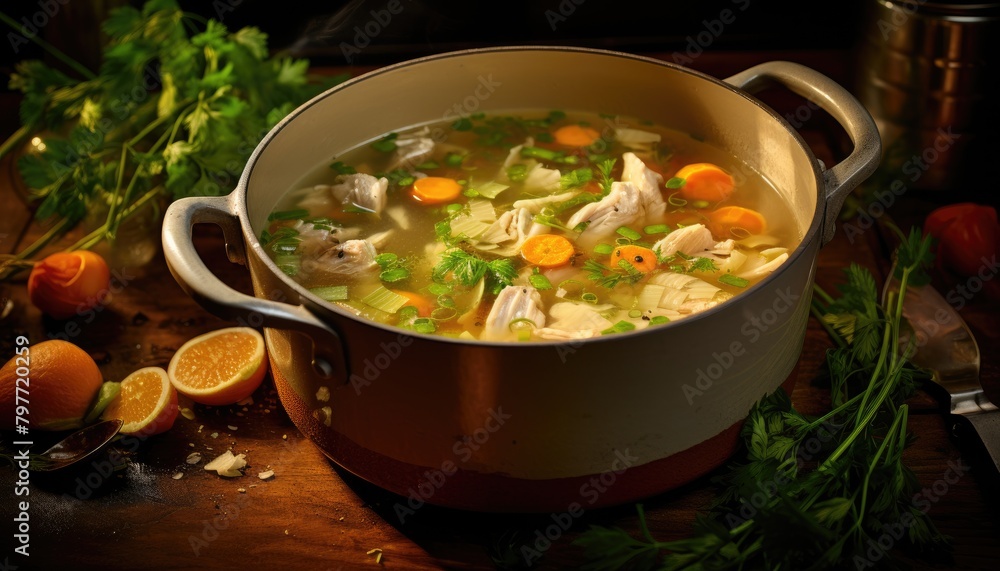 A pot of chicken noodle soup filled with sliced carrots and garnished with fresh parsley