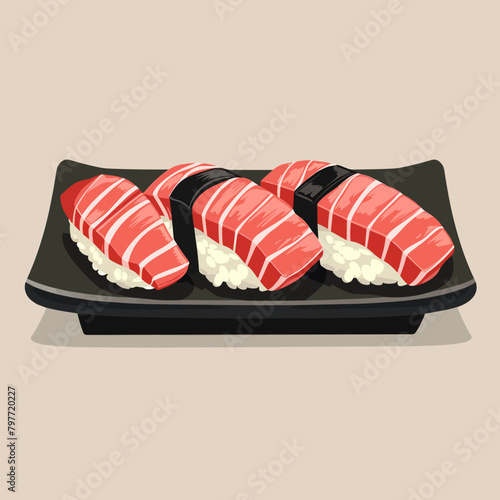 Sushi rolls on a black plate. Vector illustration in cartoon style.